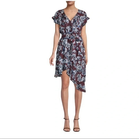 PARKER WOMEN'S FLORAL-PRINT WRAP ASYMMETRIC-HEM MIDI DRESS size L - Picture 1 of 8